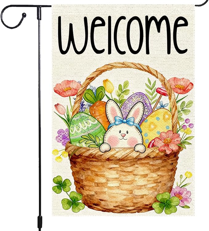 Welcome Spring Garden Flag Easter Bunny with Eggs Garden Flags 12x18 Inch Double Sided Burlap and Flowers Outdoor Decoration