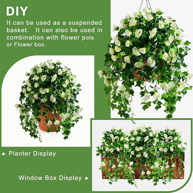 Morning Glory Artificial Hanging Flowers for Outdoors 3 Pcs Fake Petunias Flower Faux Silk Long Trailing Vines Realistic Flower for Front Door Porch Patio Balcony Garden Yard Decor (3 Pcs Beige)
