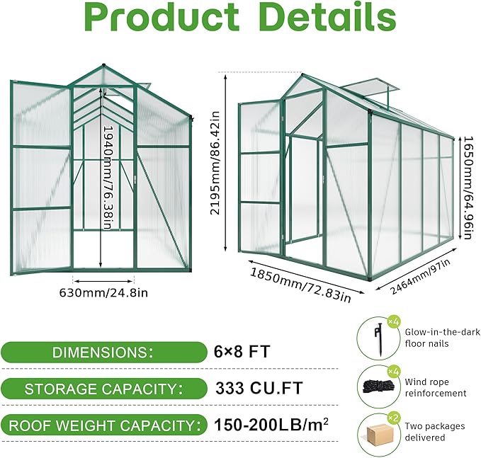 Greenhouse for Outdoors 6.1x8.1x7.2FT, Polycarbonate Green House with Roof Vent, Lockable Door and Ground Nails, Heavy Duty Aluminum Walk-in Greenhouse, Large Sunroom for Garden, Green