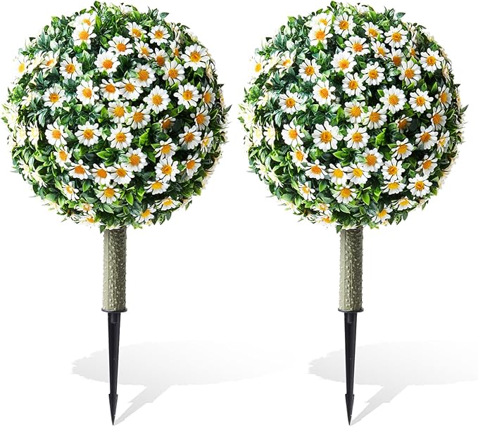 Set of 2 Artificial Topiary Ball Trees with White Mum for Outdoor with Ground Spike,22" UV Resistant Faux Boxwood Ball Tree, Fake Green Boxwood Plants for Garden, Yard, Porch, Patio Decor