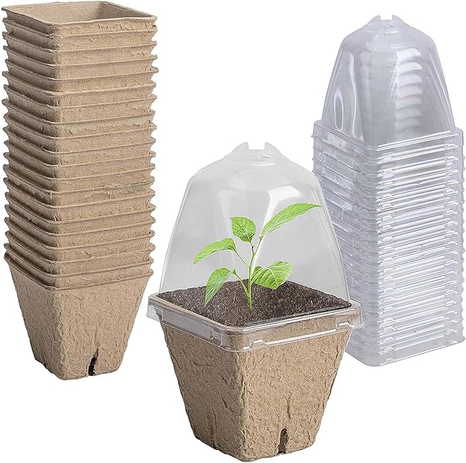 PURPLE STAR 1N 20 Pcs Biodegradable Nursery Pots with Humidity Dome- 2.3 Inch Square Seeding Starter Pots for Planting- Peat Pots for Seedlings Garden Vegetable Flower Germination