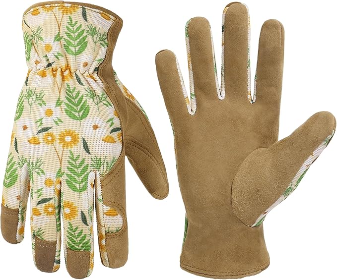 HANDLANDY Work Gloves for Women, Breathable Leather Gardening Glove for Yard Maintenance, Hand Protection with Touch Screen for Gardeners, Farmers