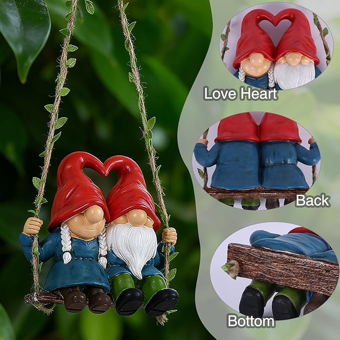 Heart Hat Gnome Couple Swing Hanging Statue - Indoor/Outdoor Funny Gnome Decor, Hanging Garden Ornament for Yard, Tree, Patio, Balcony, Living Room - Gnome Gift for Home Outdoor Decoration