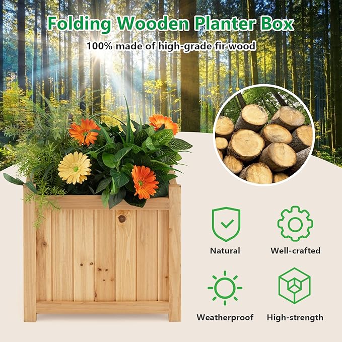 Giantex 15” Planter Raised Garden Bed - Wooden Planting Box, Outdoor Folding Square Planter w/Removable Bottom, Premium Drainage System for Herbs, Fruits, Flowers, Succulents, Simple Assembly