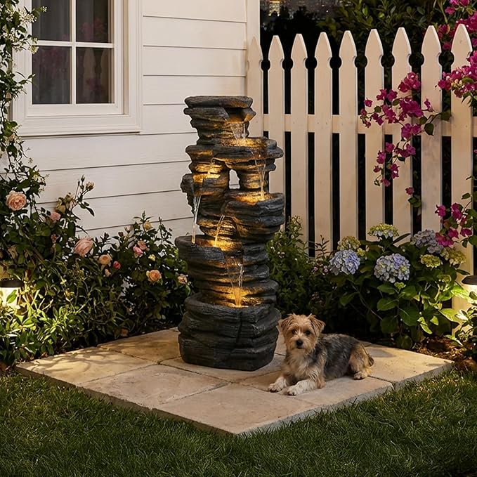 42.5" H Garden Outdoor Water Fountain with LED Lights & Pump, Mutiply-Tier Cascading Outdoor Fountain Suitable for Garden/Patio/Yard/Deck/Balcony and Home Art Decor（Resin）