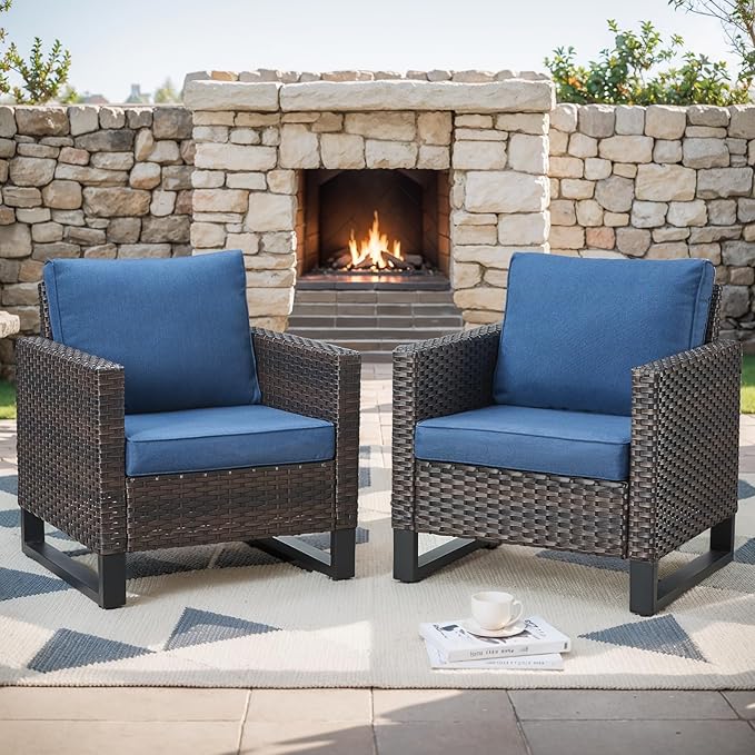 Rilyson Wicker Outdoor Patio Chairs Set of 2-2 Piece Rattan Chairs with Waterproof Wicker,Comfortable Cushions and Sturdy Metal Frame for Outside Porch Deck Backyard(Brown/Blue)