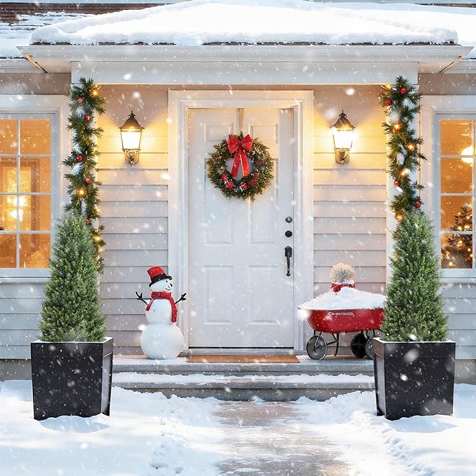 3ft Cedar Topiary Trees Artificial Outdoor Set of 2 Pack, Large Realistic Faux Plants Outdoor, UV Resistant Fake Evergreen Cone Bushes & Shrubs for Front Porch Outside Planter Christmas Decor 3 Foot
