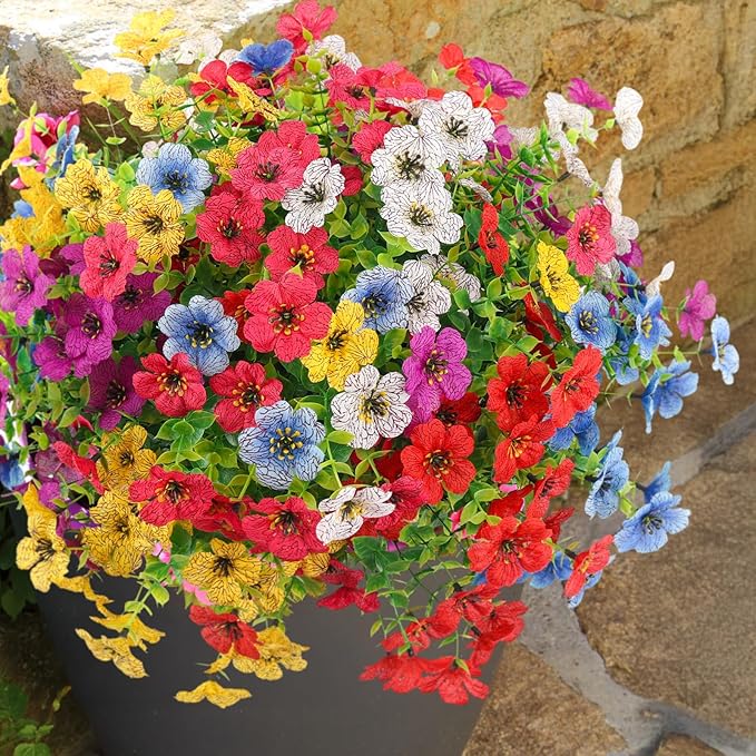 Artificial Flowers Outdoors Faux Plants UV Resistant 6 Bundles Plastic Flowers Outdoors Fake Greenery Outside Silk Flowers Home Decorations for Garden Yard Porch Planters, 6 Bundles (Multicolor)