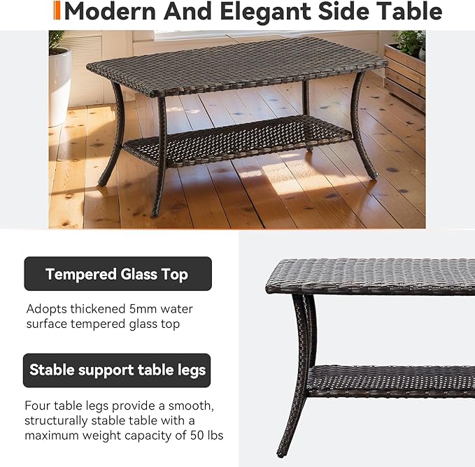 Wicker Outdoor Coffee Table,Rattan Outdoor Coffee Table with 2-Layer Storage Furniture Tables for Garden,Porch,Backyard