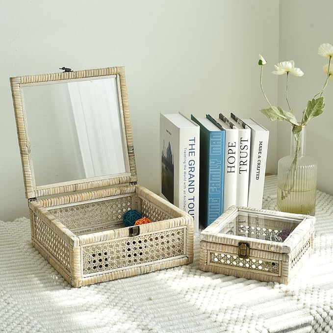 Rattan and Cane Square Stacking Boxes with Glass Top Lid - Set of 2 for Boho, and Rustic Farmhouse Décor, White Wash