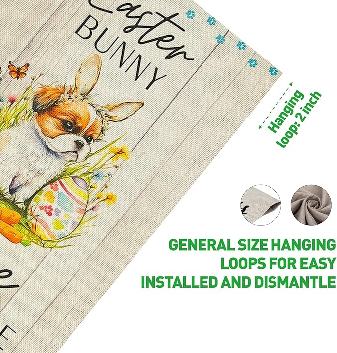 Easter Dog Garden Flag Bunny Please Stop Here Double Sided 12×18 Inch,Puppy With Rabbit Ear Eggs Vertical Small Burlap Spring Holiday Yard Lawn Front Porch Outdoor Decorations