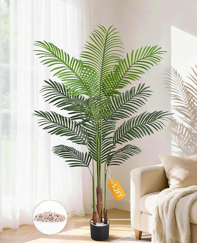 5.2 FT Artificial Plants Indoor, Tall Plant Palm Tree with Weighted Planter, Tropical Fake Tree with Realistic Leaves & Trunks for Home Office Living Room Bedroom Indoor Outdoor Decor