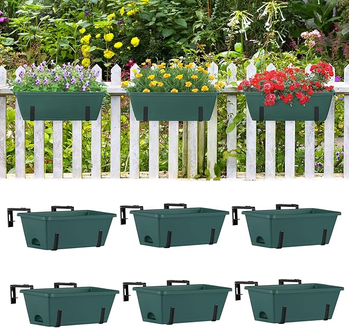 ETELI 6 Pack Deck Railing Planter Boxes with Adjustable Metal Hanging Brackets, Indoor Outdoor Hanging Window Boxes Planters with Drainage Tray for Patio, Lawn, Green & Black