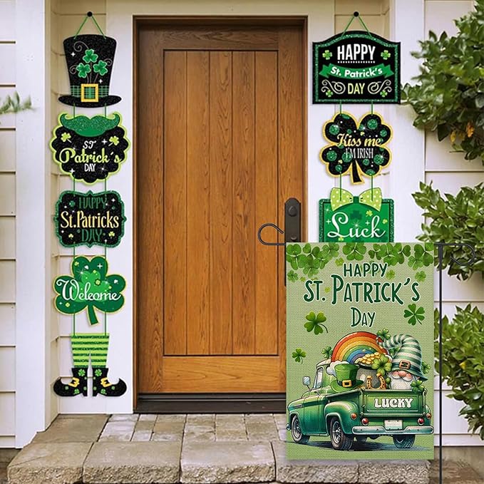 Happy St Patricks Day Garden Flag 12x18 Inch Double Sided Lucky Clovers Shamrocks Gnome Rainbow Truck Outside Small Flag for Yard Outdoor Holiday Decoration