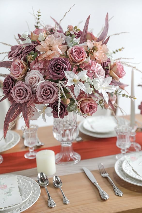 YYHUAWU Artificial Flowers Combo Box Set Gradient Color Flower Leaf with Stems for DIY Wedding Bouquets Centerpieces Baby Shower Party Home Decorations