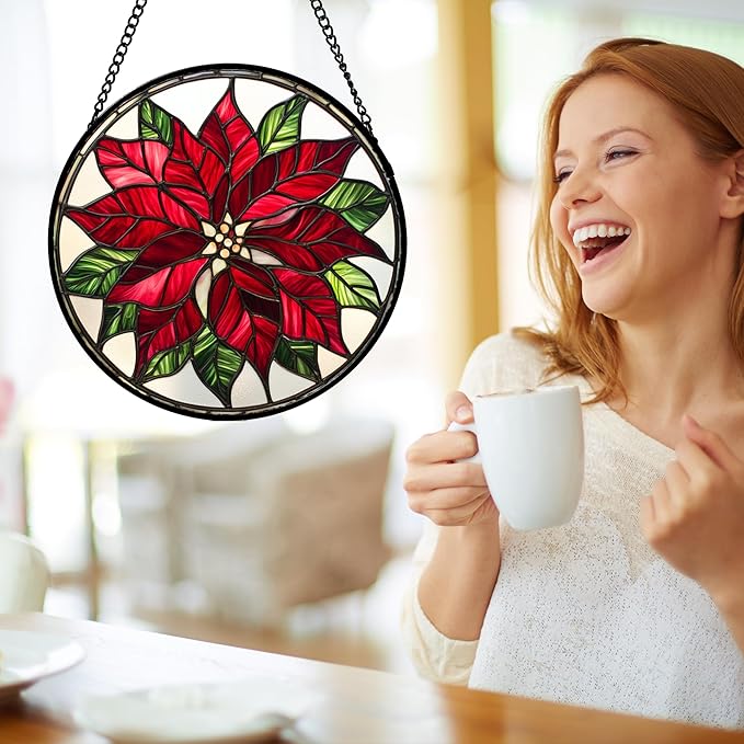 Stained Glass Window Hanging - Red Poinsettia Birth Flower Suncatcher for Door Garden Yard Sun Catchers Decor Christmas Mother's Day Birthday Gifts for Women Mom Nana Friend Men 6.3 in