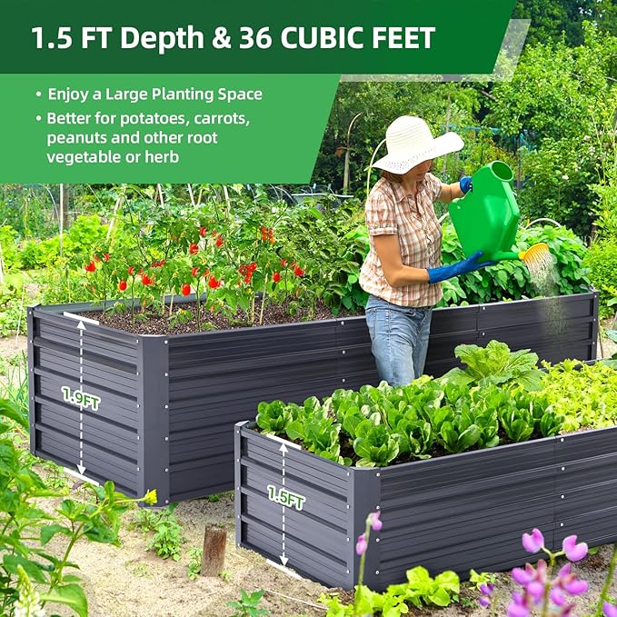 Ohuhu Metal Raised Garden Bed Outdoor 8x3x1.5 FT Reinforced Galvanized Rustproof Colored Steel Planter Boxes for Vegetables, Heavy Duty Raised Beds for Growing Flowers Herbs Succulents