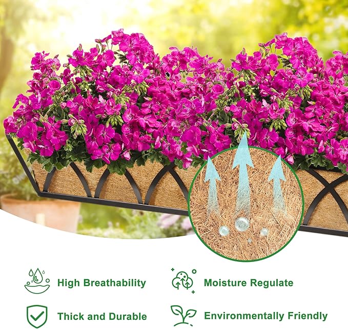 Y&M 2Pcs 24" Trough Coco Fiber Replacement Liner, Pre-Formed Window Deck Coco Liner, Natural Coconut Planter for Wall Hanging Basket, Window Box, Fence, Railing