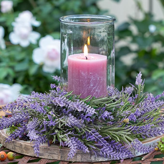 4 Pcs Lavender Candle Rings Wreaths Mini Purple Wreath Table Centerpieces 3 Inch Floral Wedding Ring Wreaths Pillar Lavender Candle Holder for Spring Summer Home Door Party Decoration