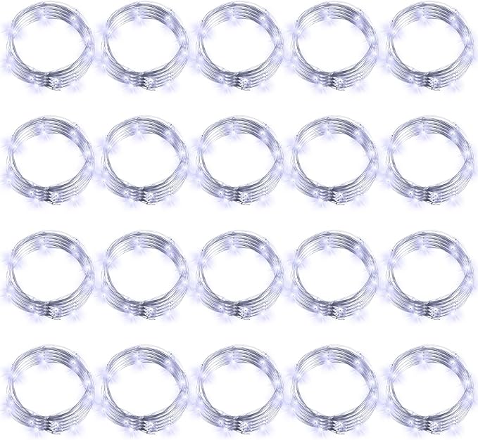 Hortsun 20 Packs Fairy Lights Battery Operated 3 Speed Modes, 7 Ft/ 2 M 20 LED Battery String Mini Waterproof Wire Twinkle Lights Bulk for Wedding Party Birthday Vases Decor (Cool White)