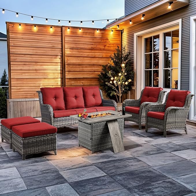 HUMMUH 6 Pieces Patio Furniture Set with Fire Pit Table High Back Outdoor Conversation Set Wicker Patio Couch Outdoor Chairs Ottomans for Balcony Garden,Lawn,Deck