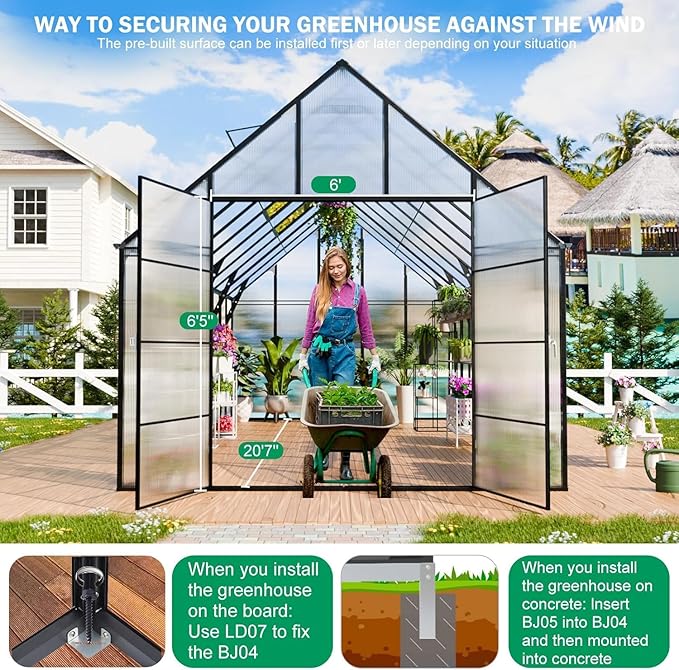 CDCASA 10x20 FT Greenhouse for Outdoors,Large Easy Assembly Polycarbonate Greenhouse Aluminum Greenhouses w/4 Vents Windows, Swing Door Walk-in Green House for Ouside,Backyard,Garden, Black