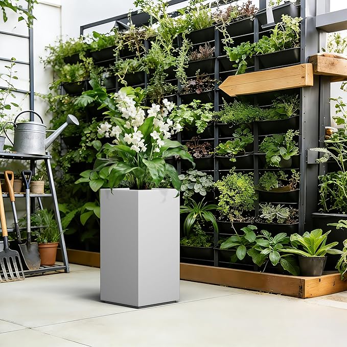 Kante 27.6" H Tall Rectangular Concrete Planter, Modern Square Diameter Plant Pot with Drainage Hole and Rubber Plug for Indoor Outdoor Home Patio Garden, Pure White