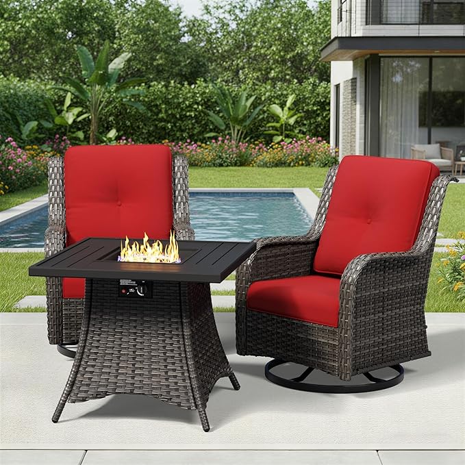Joyside 3 Piece Wicker Patio Furniture Set with Fire Pit Table, Outdoor Swivel Rocker Patio Chairs with High Back, Deep Seating, Wide Armrest, Thickened Cushions, Outdoor Furniture for Deck, Porch Use