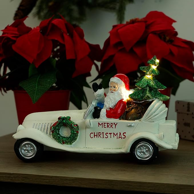 Alpine Corporation 7" Tall Merry Christmas Santa in Vintage White Car Statue with LED Lights, Holiday Decoration for Tabletop, Shelf, Mantel, or Entryway Display