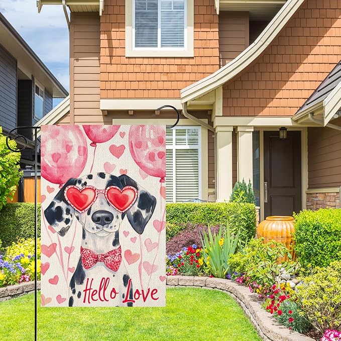 Valentine's Day Dalmatian Hello Love Garden Flag, House Yard Plaid Love Heart Outside Decoration, Spring Holiday Wedding Anniversary Outdoor Small Decor 12x18(12646)