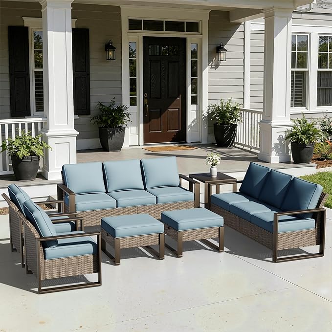 Joyside Outdoor Patio Chairs, 7 Pieces Wicker Rattan Furniture Set, 2 Patio Chairs, 2 Sofa, 2 Ottoman and 1 Table, Metal Wide Armrest, Thick Cushions and Deep Seating for Garden, Backyard, Porch