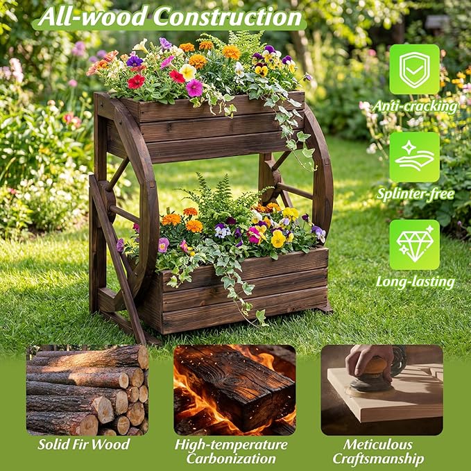 Giantex Wooden Wagon Planter Box, 2-Tier Garden Planter with Drainage Holes for Flowers Herbs Vegetables, Indoor Outdoor Decorative Planter Container for Patio Garden Balcony (2)