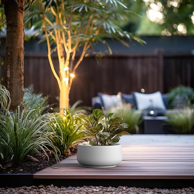 Kante 13.4" Dia Round Curvy Concrete Planter, Large Plant Pots with Drainage Hole and Rubber Plug for Indoor Outdoor Plants, Flower Pot for Home Garden Patio Porch, White