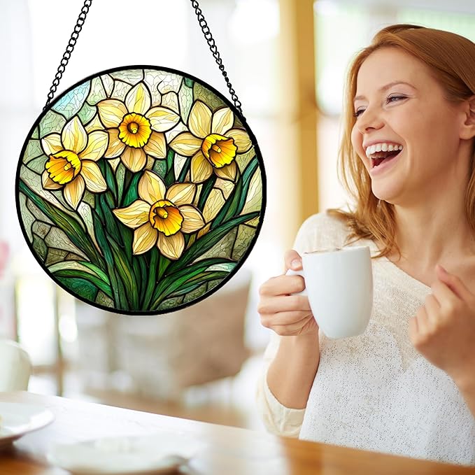 DASTOLL Stained Glass Window Hanging, Daffodil Plant Flowers Sun Catchers Diamond Glass Panel Hangings Suncatcher Decor for Birthday for Women, Men, Wife, Aunt, and Mom 14.9x14.9 in