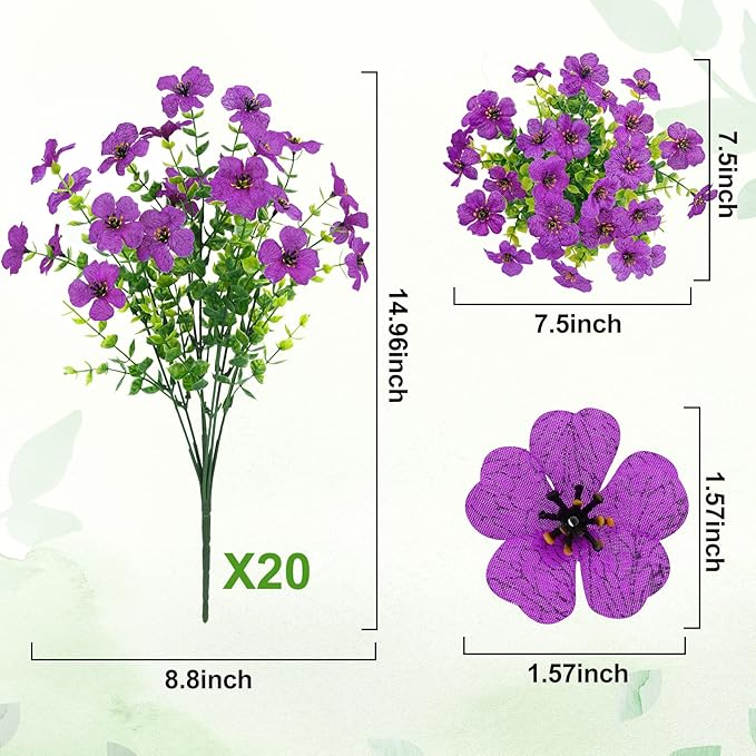 Besteek 20 Bundles Artificial Flowers for Outdoors Decoration Fake Silk Flowers UV Resistant Faux Plants Artificial Daisy Eucalyptus for Spring Summer Garden Yard Porch Window Home Decor, Purple