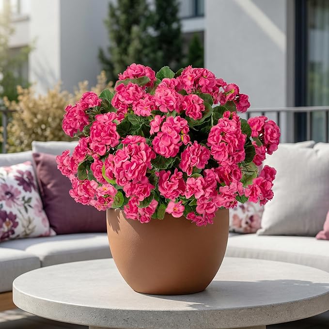Uqueeten Artificial Flowers for Outdoors Artificial Geranium, 8PCSFake Flower Geranium Artificial Plant Home Decor,Silk Geraniums Artificial Flowers Realistic Outdoor Decoration 14.4"(Rose Red)
