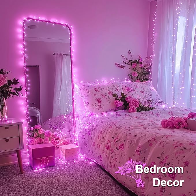 JMEXSUSS 4 Pack 50 LED Pink Fairy Lights Battery Operated, 16.1ft Christmas Fairy Lights Indoor Outdoor Waterproof, Pink String Lights for Bedroom Wedding Birthday Holiday Decorations