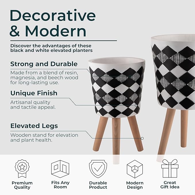 Sagebrook Home Set of 2 Geometric Planters on Stands - Resin & Wood Mid-Century Modern Plant Pots for Indoor/Outdoor Home & Garden Decor - 12" & 10", Black & White G
