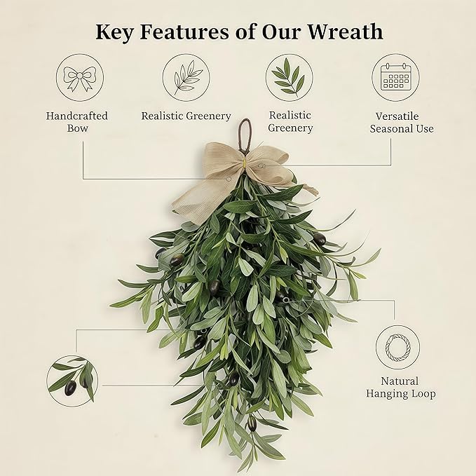 2026 Spring Olive Branch Teardrop Swag 24 Inch, Extra Full & Thick Faux Greenery with Upgraded Ribbon & Textured Leaves, Sturdy Farmhouse Hanging Wreath for Door, Wedding Arch, Kitchen, Bathroom Decor