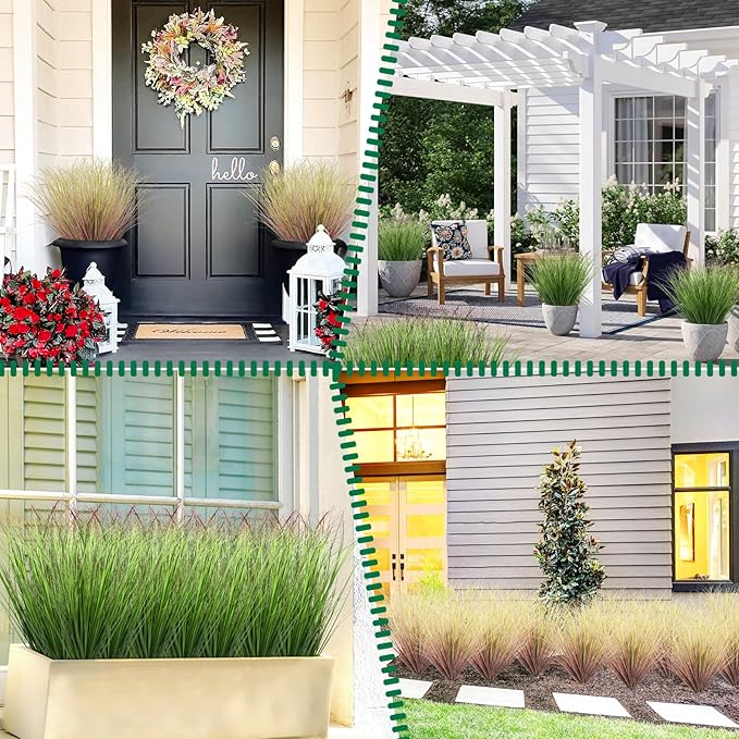 LUZOGA 48Pcs Artificial Grass Plants Faux Shrubs Wheat Grass Fake Tall Grass Plants for Outdoor Decor Greenery Stems Weed for Room Indoor Home Decor（Green Red Tail