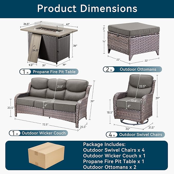Luxury High Back Outdoor Furniture 6-Inch Thick Cushions with 50,000 BTU Gas Propane Fire Pit Tablet, Patio Furniture Set with Swivel Chairs, 8 PCS for Porch, Balcony, Deck and Yard