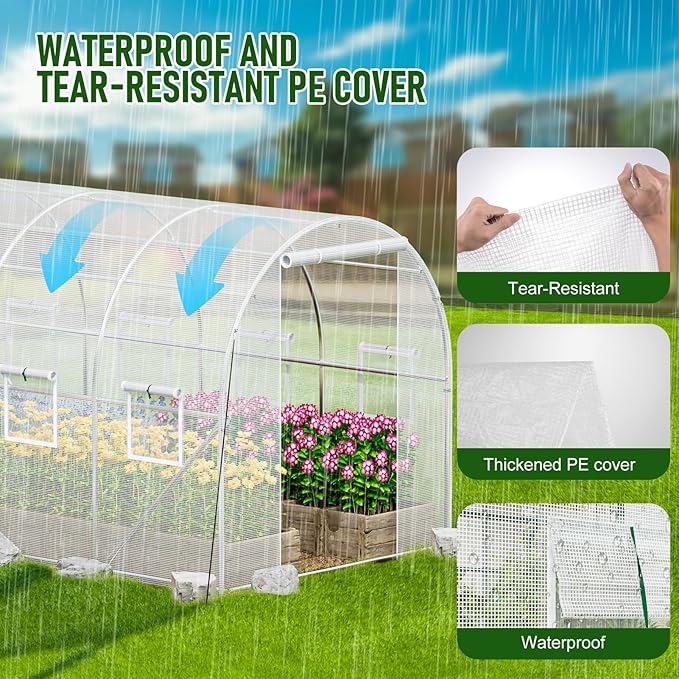 SPECILITE Walk-in Tunnel Greenhouse for Outdoors, 15×7×7 FT Heavy Duty Hoop House Kit with 8 Screen Windows, Thicken PE Cover & Galvanized Frame, Portable Large Green Houses for Outside, Winter, White