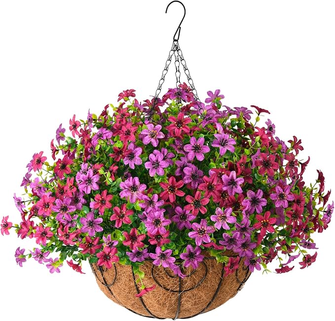 INQCMY Artificial Flowers Hanging Baskets for Outdoors Spring Decor, 12 Bundles Fake Plants Faux Silk Daisy with Eucalyptus Stem UV Resistant for Outside Patio Balcony Garden(Purple Fuchsia)