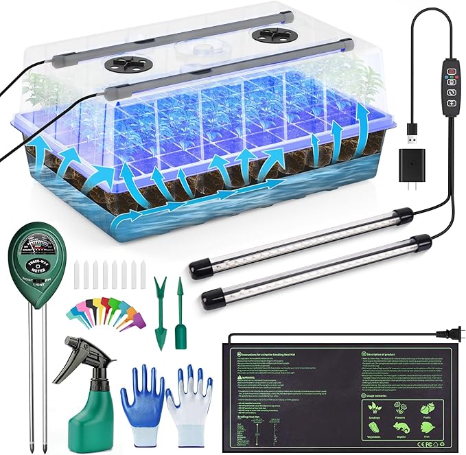 60 Cell Self-Watering Seed Starter Tray with Grow Light and Heat Mat,Seed Starter Kit,Humidity Domes,Auto Timer,Flexible Brightness Seedling Starter Trays for Seed Starting & Seeds Growing