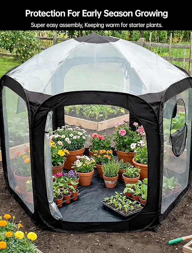 Porayhut Pop Up Greenhouse Tent,Portable Large Walk-in Plant House 10’X10’ ,Indoor Outdoor Gardening Plant Sunshine Room with PVC Mesh Cloth Cover for Protecting Plant from Cold Frost & Birds