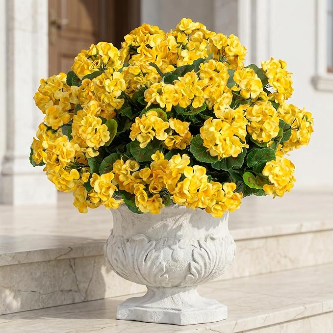 Uqueeten Artificial Flowers for Outdoors Artificial Geranium,Fake Flower Geranium Artificial Plant Home Decor,Silk Geraniums Artificial Flowers Realistic Outdoor Flower Decoration14.4(Yellow) 8PCS