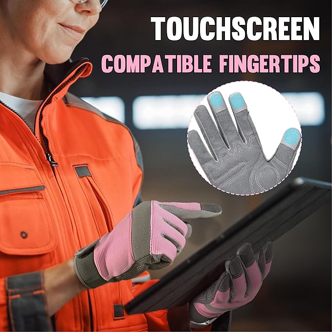 HANDLANDY Work Gloves for Women, Breathable Leather Gardening Glove for Yard Maintenance, Hand Protection with Touch Screen for Gardeners, Farmers