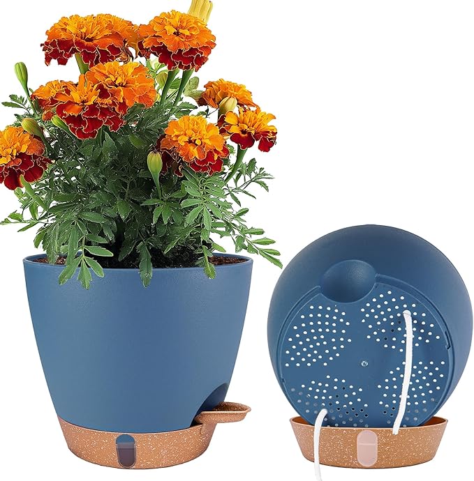 Fielda 2 Pack 8 inch Plant Pots, Plastic Self Watering Planters with Drainage Holes, Deep Reservoir, Water Level Indicator, Modern Decorative Flower Pots for Indoor Outdoor Plants (Navy Blue, 8 inch)