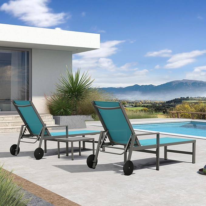 PURPLE LEAF Outdoor Chaise Lounge Set for 2 Aluminum Patio Chaise Lounger Chairs with Armrest and Wheels Adjustable Pool Chaise Lounge Chair for Beach Yard Poolside Table Included, Blue