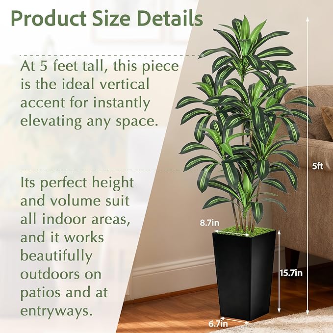 Realistic Artificial Indoor Plant Tree - Tall Fake Dracaena Potted Plant for Home Office Decor, Living Room & Bedroom - Lifelike Faux Plant Tree with Pot-Palm Tree (Black, 5FT)